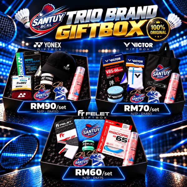 Trio Brand Giftbox — Yonex RM90, Victor RM70, Felet RM60 satu set